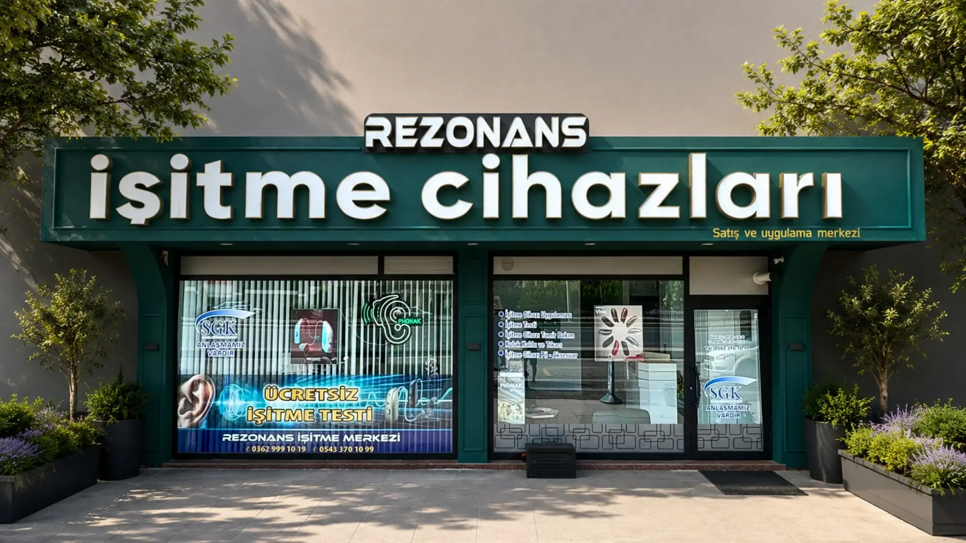 Rezonans İşitme Cihazları mağazasının Cumhuriyet Mah. Atatürk Blv. No: 395/B üzerindeki dış cephesi